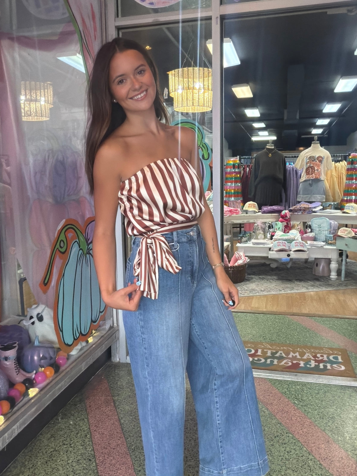 Goldie Striped Satin Strapless Tie Top