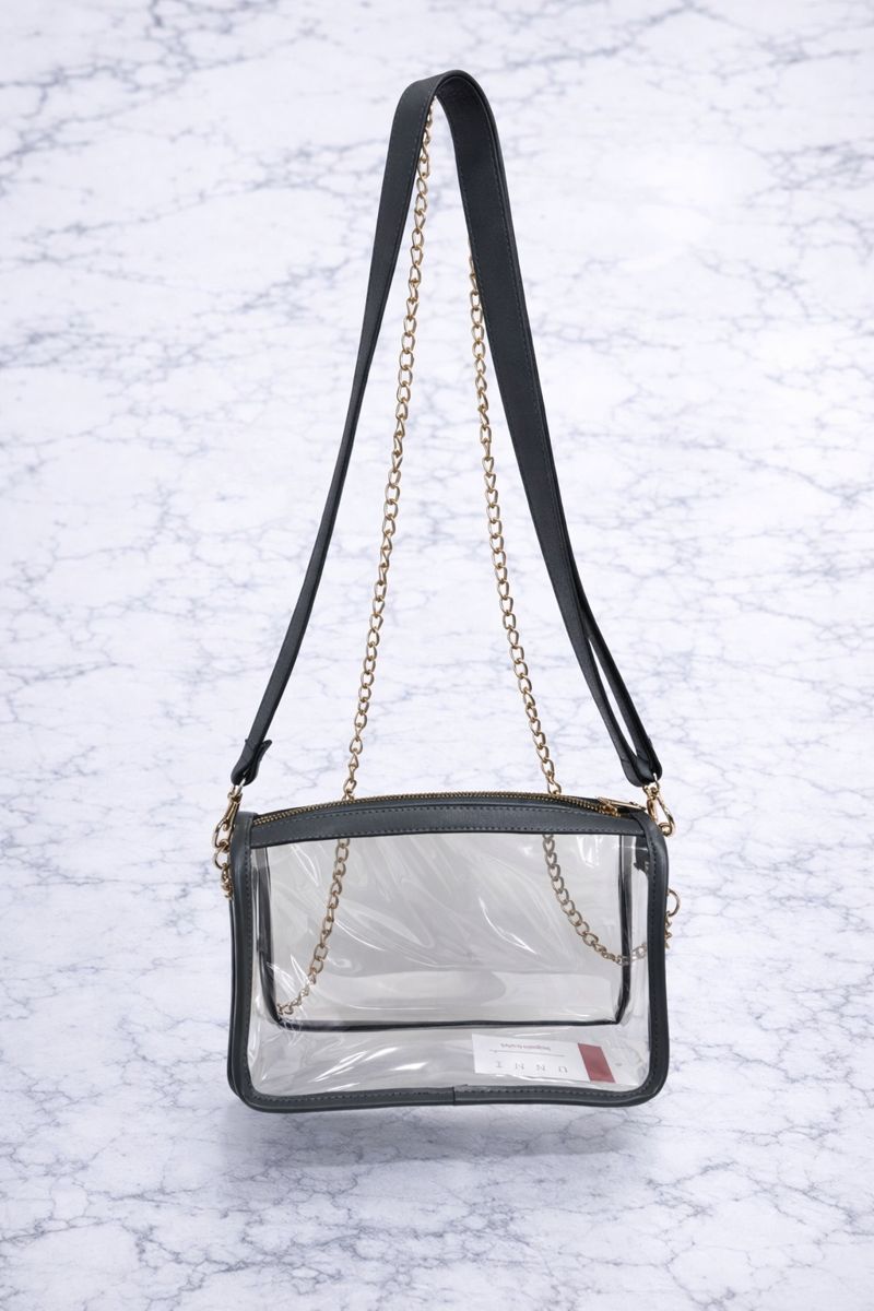 Pam Grey Gold Strap Clear Purse