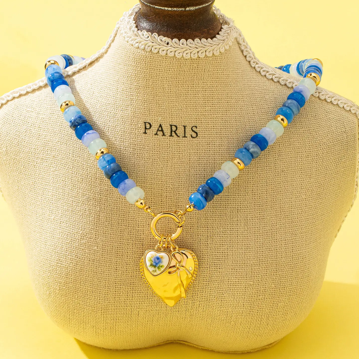 Avery Blue Sweetheart Beaded Porcelain Heart Charm Necklace