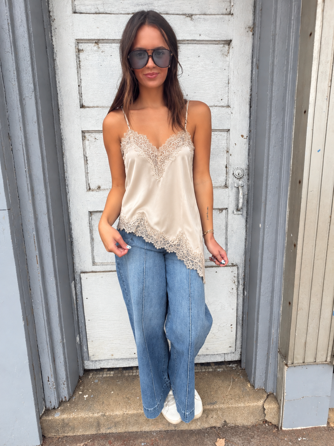 Goldie Champagne Lace Trim Top