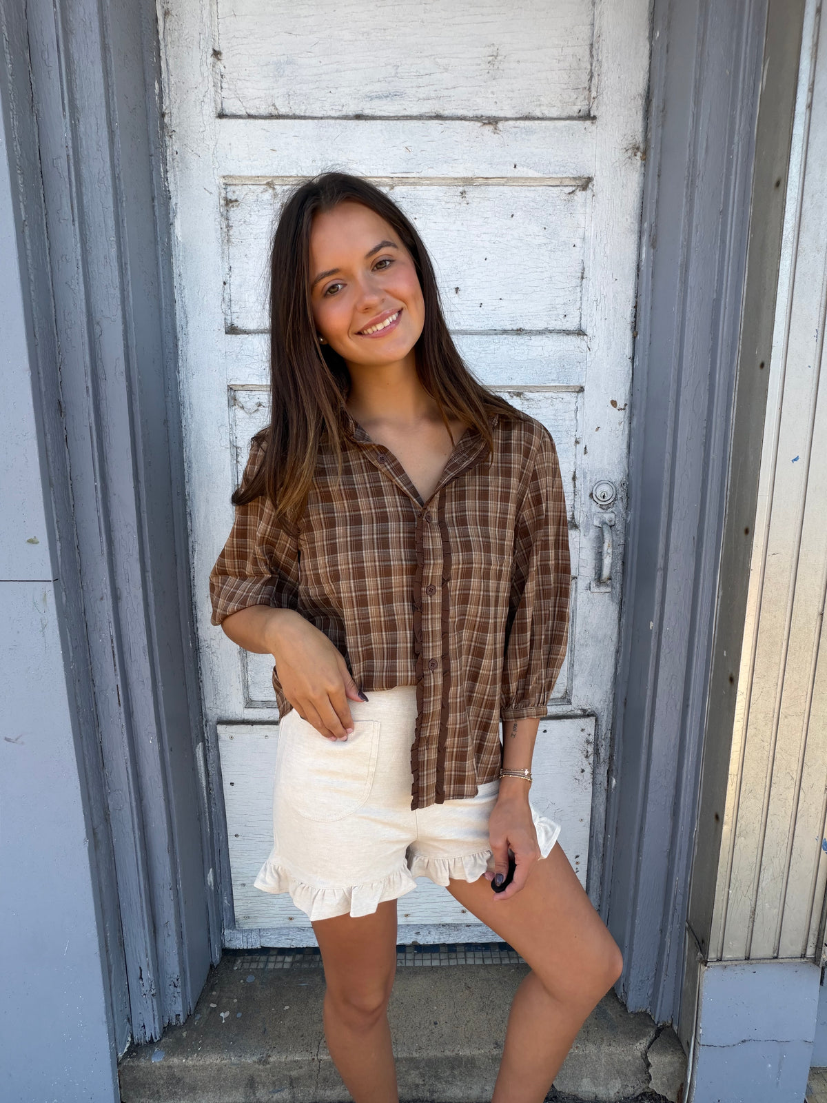 Maple Plaid Button Down Ruffle Top