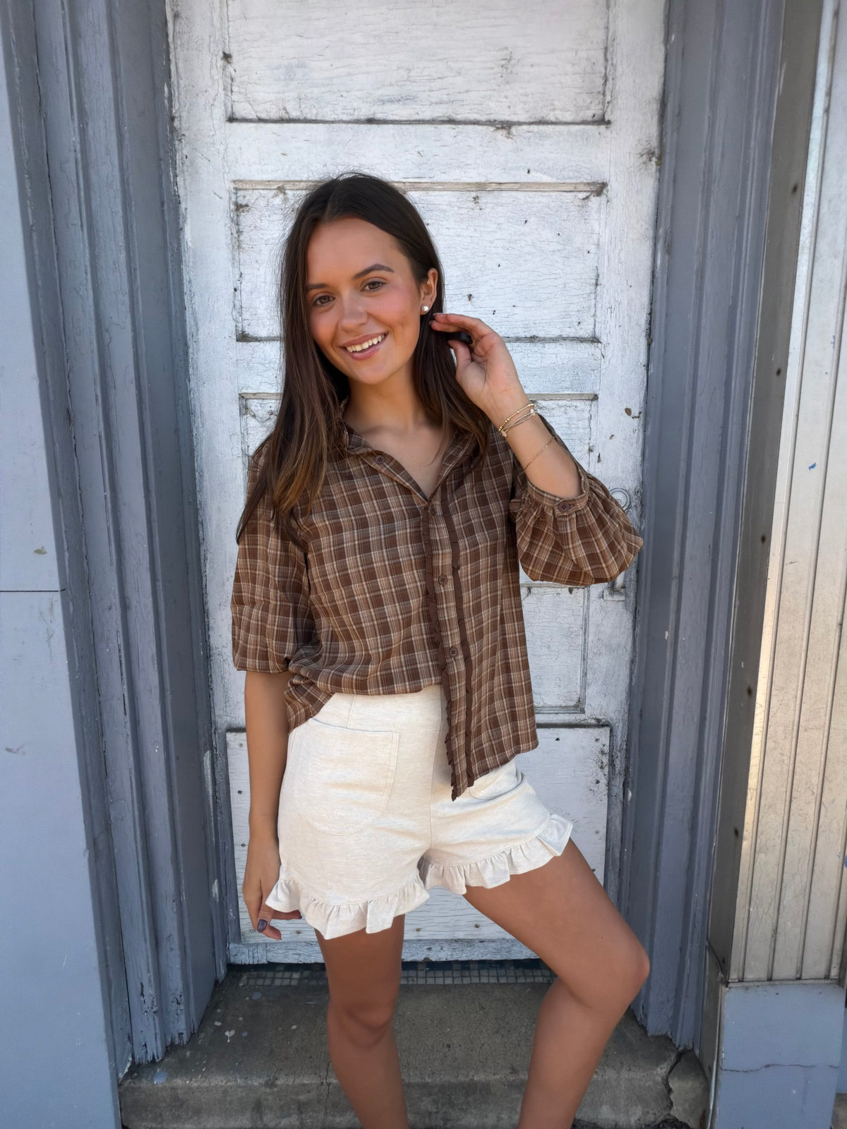 Maple Plaid Button Down Ruffle Top