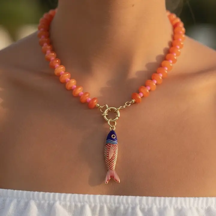 Avery Orange Beaded Fish Necklace