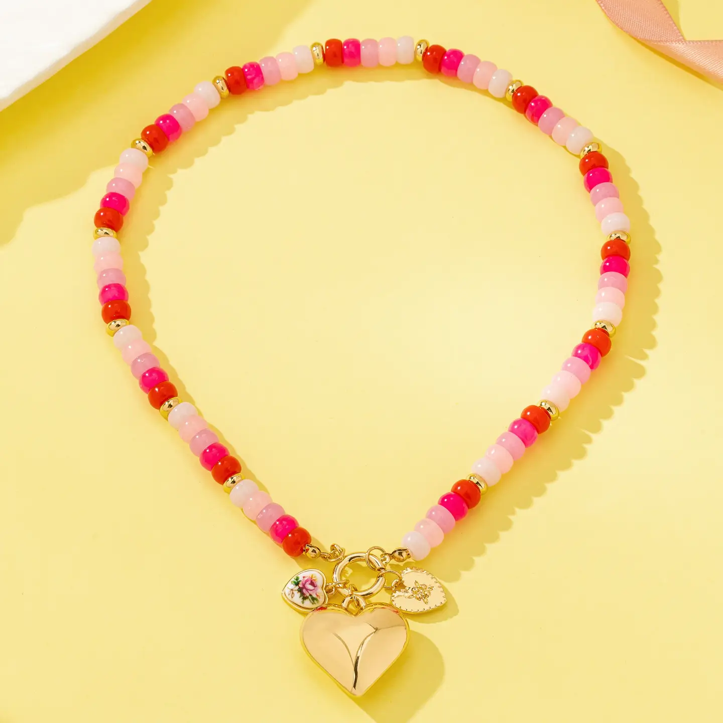 Avery Pink Sweetheart Beaded Porcelain Heart Charm Necklace