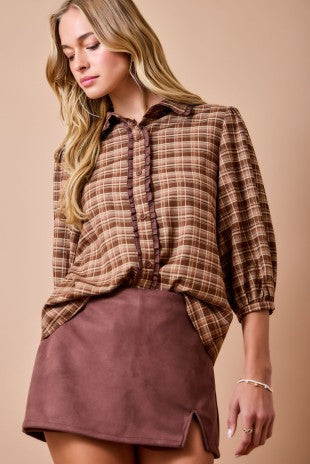 Maple Plaid Button Down Ruffle Top