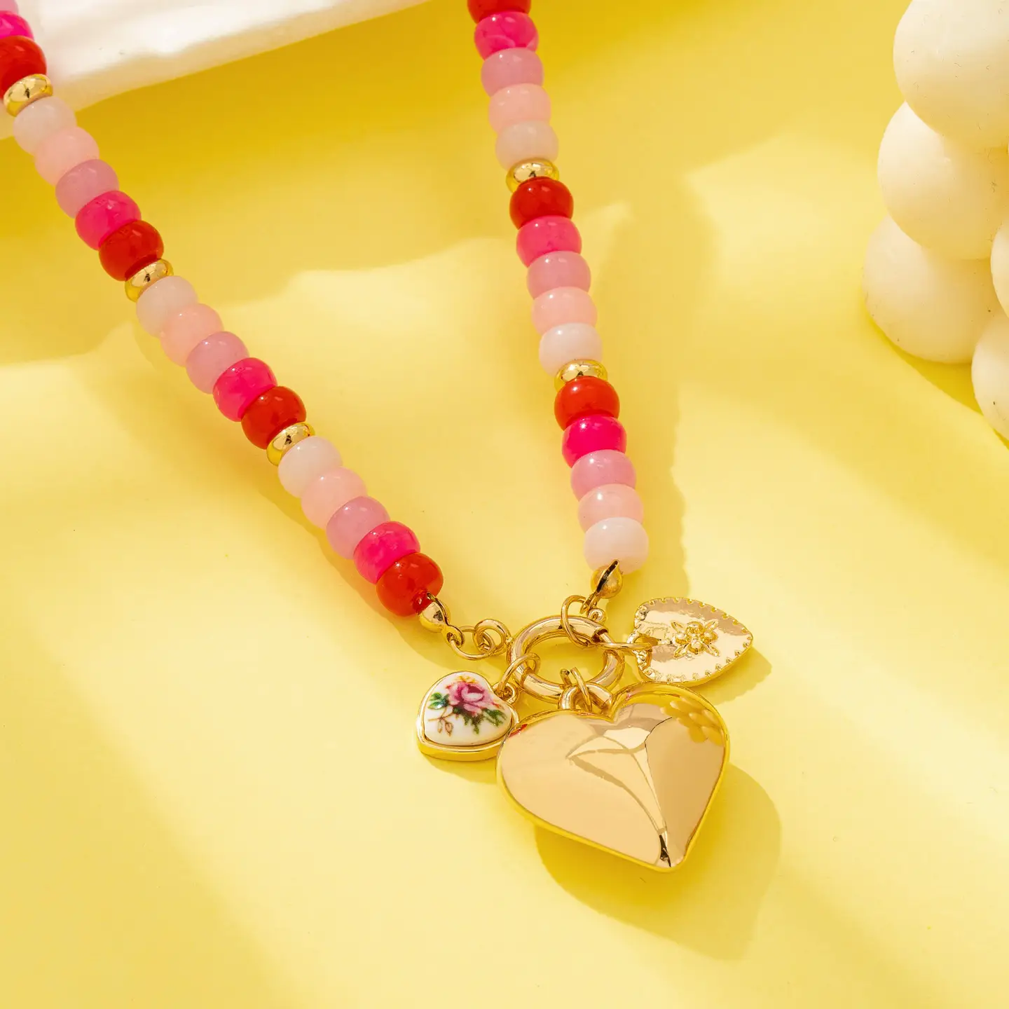 Avery Pink Sweetheart Beaded Porcelain Heart Charm Necklace