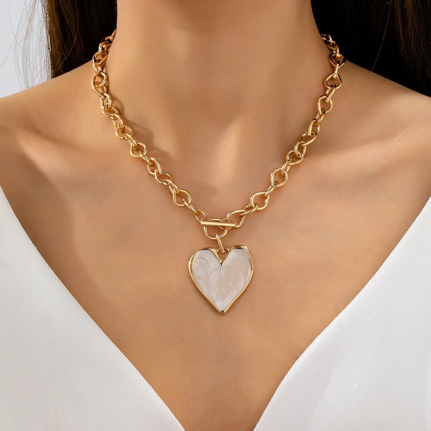 Avery White Inlay Heart Toggle Necklace