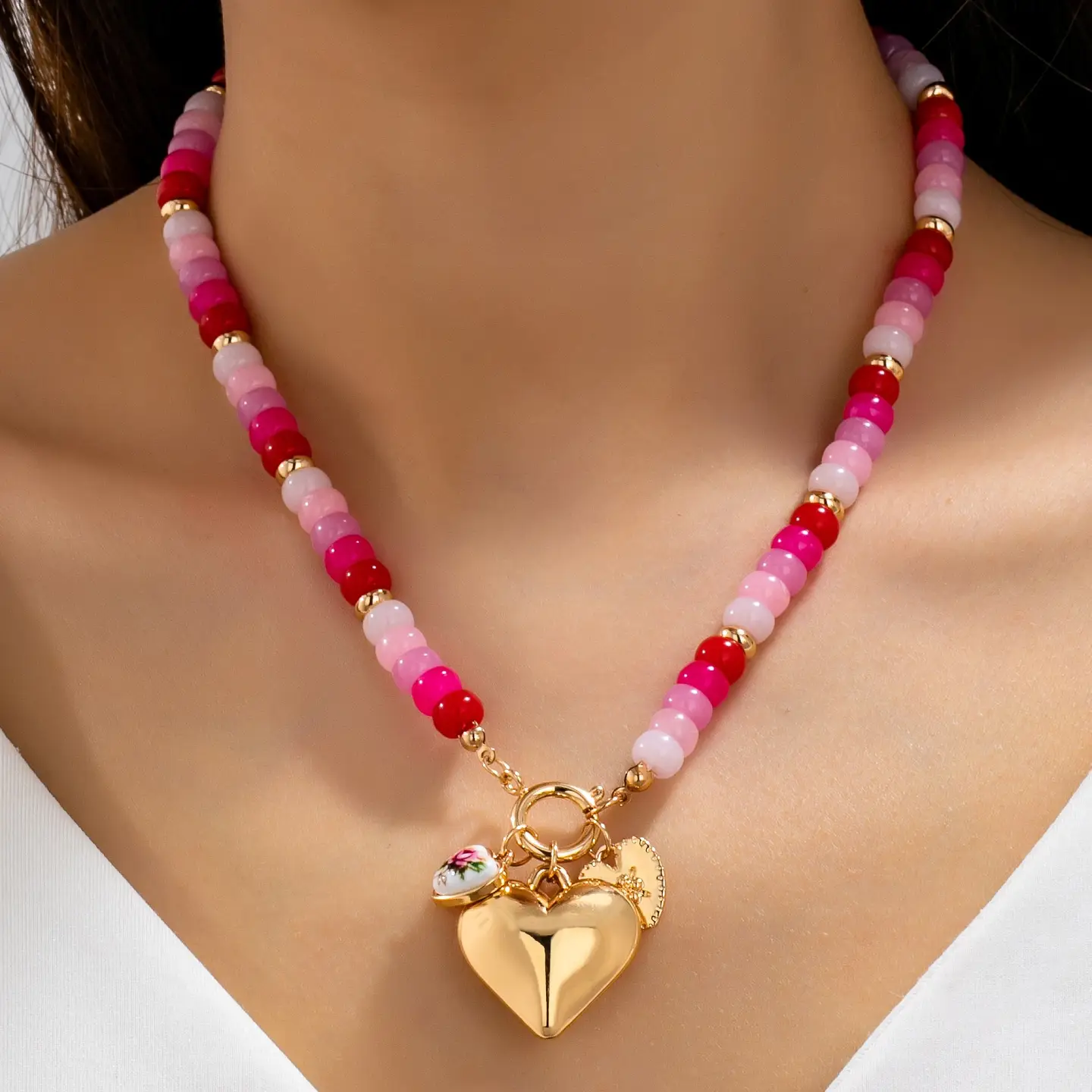 Avery Pink Sweetheart Beaded Porcelain Heart Charm Necklace