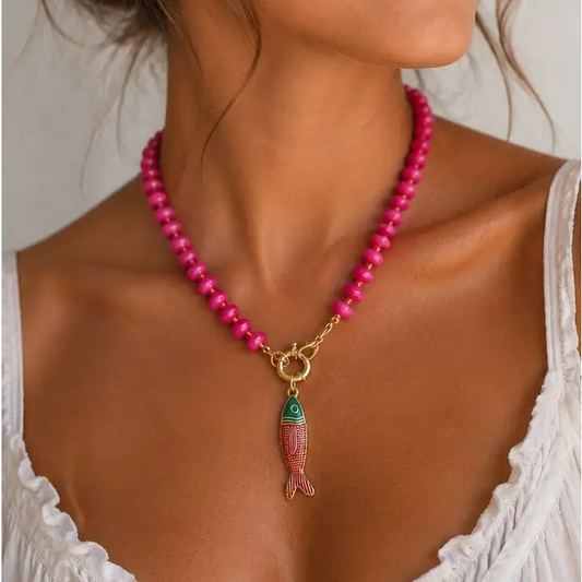 Avery Fuchsia Beaded Fish Necklace
